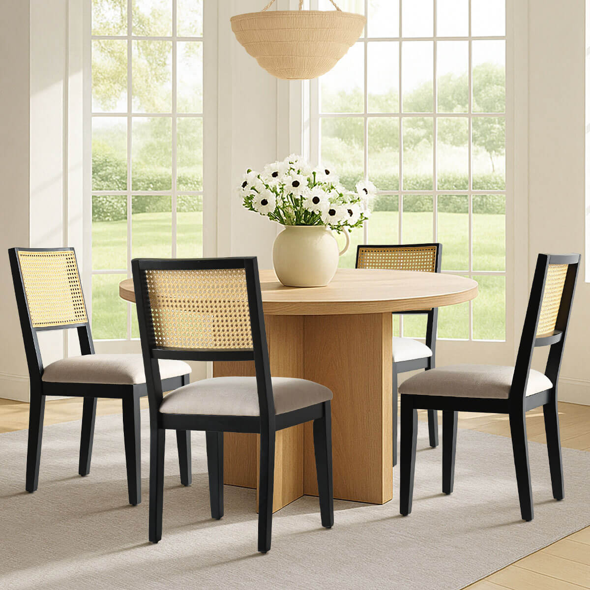 Monica Rattan Solid Wood Upholstered Dining Chair (Set of 4)