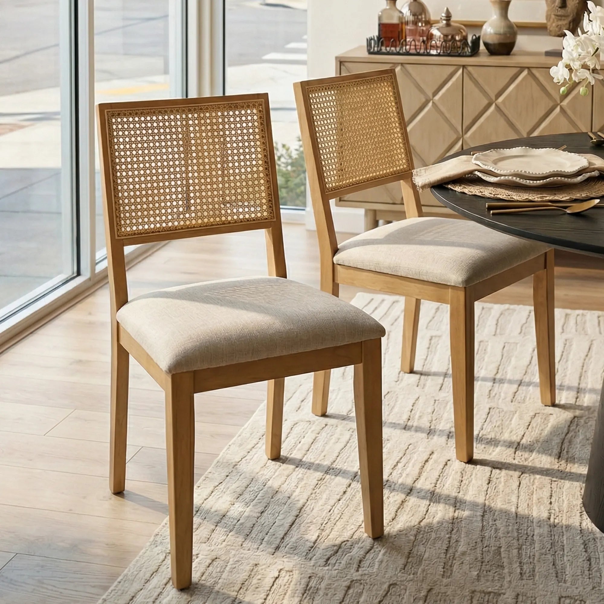Monica Rattan Solid Wood Upholstered Dining Chair (Set of 2)