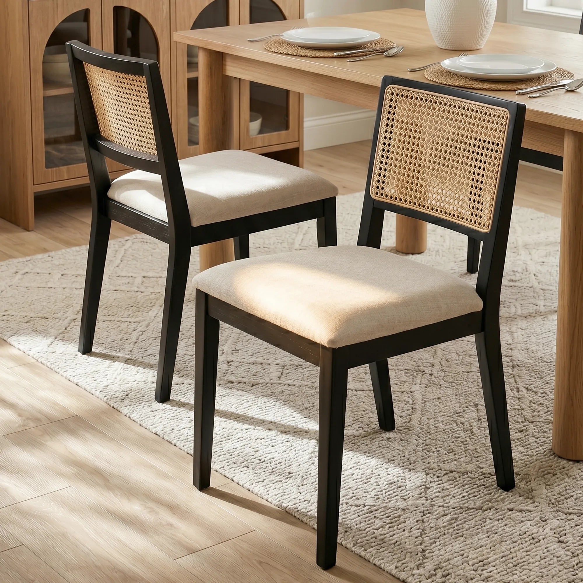 Monica Rattan Solid Wood Upholstered Dining Chair (Set of 2)