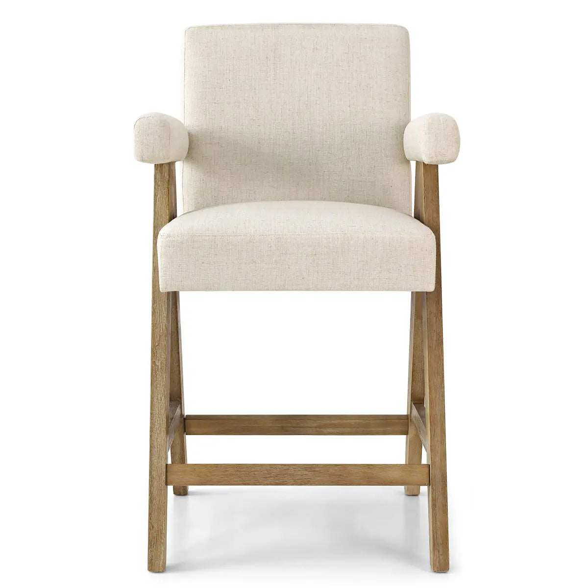 Morgan Mid Century Modern upholstered counter stool with arms, light upholstery, wooden legs.