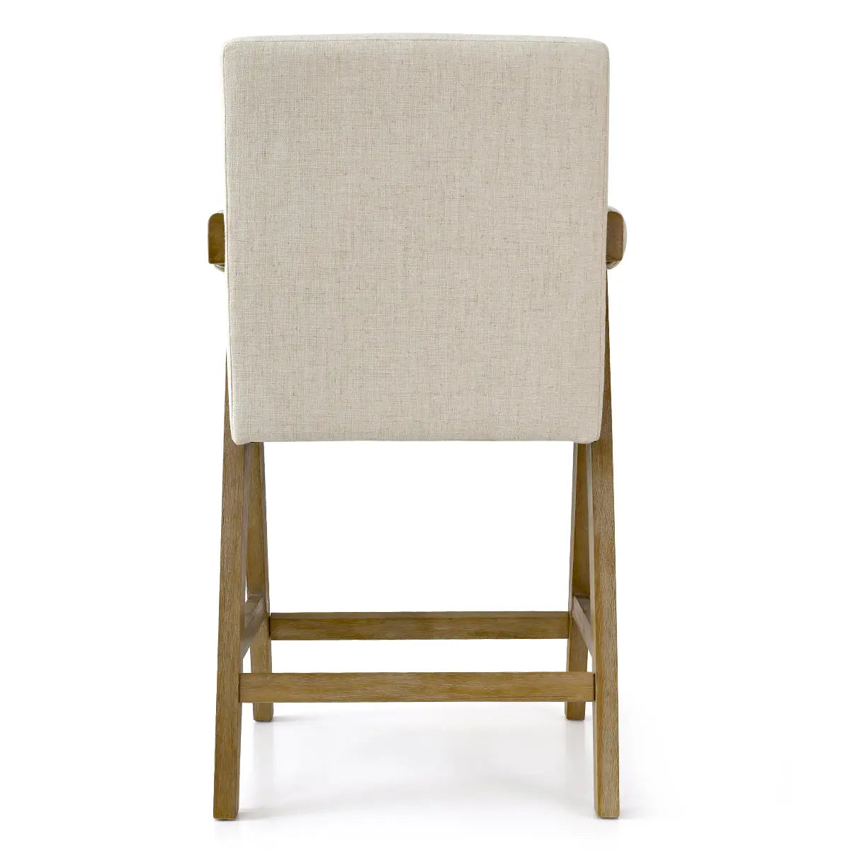 Morgan Mid Century Modern Upholstered Counter Stool with Arms, beige fabric, wooden legs, rear view.