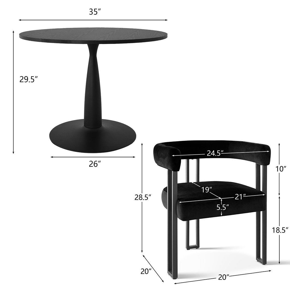 New Haven & Mia 35" Black Round Dining Table Set for 2 (3-Piece)