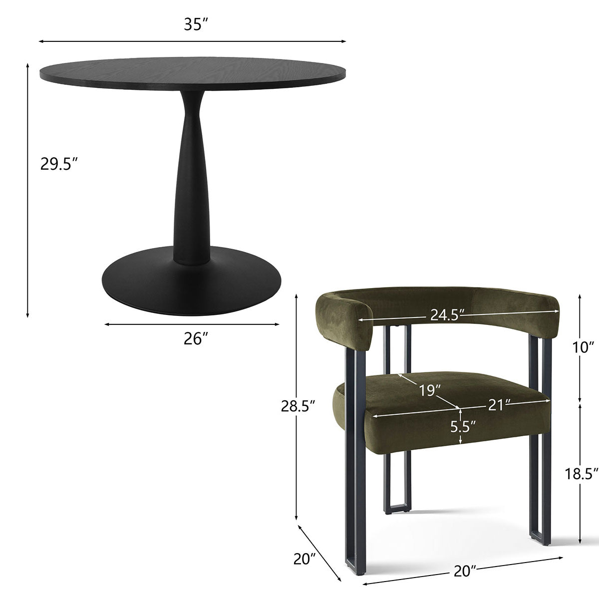 New Haven & Mia 35" Black Round Dining Table Set for 2 (3-Piece)
