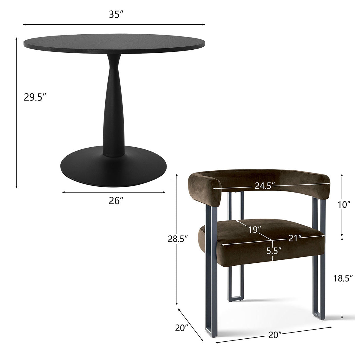 New Haven & Mia 35" Black Round Dining Table Set for 2 (3-Piece)