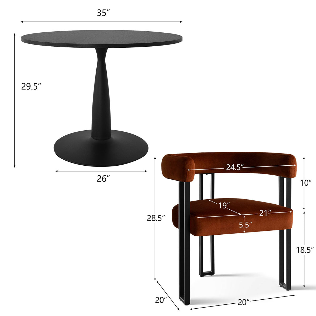 New Haven & Mia 35" Black Round Dining Table Set for 2 (3-Piece)