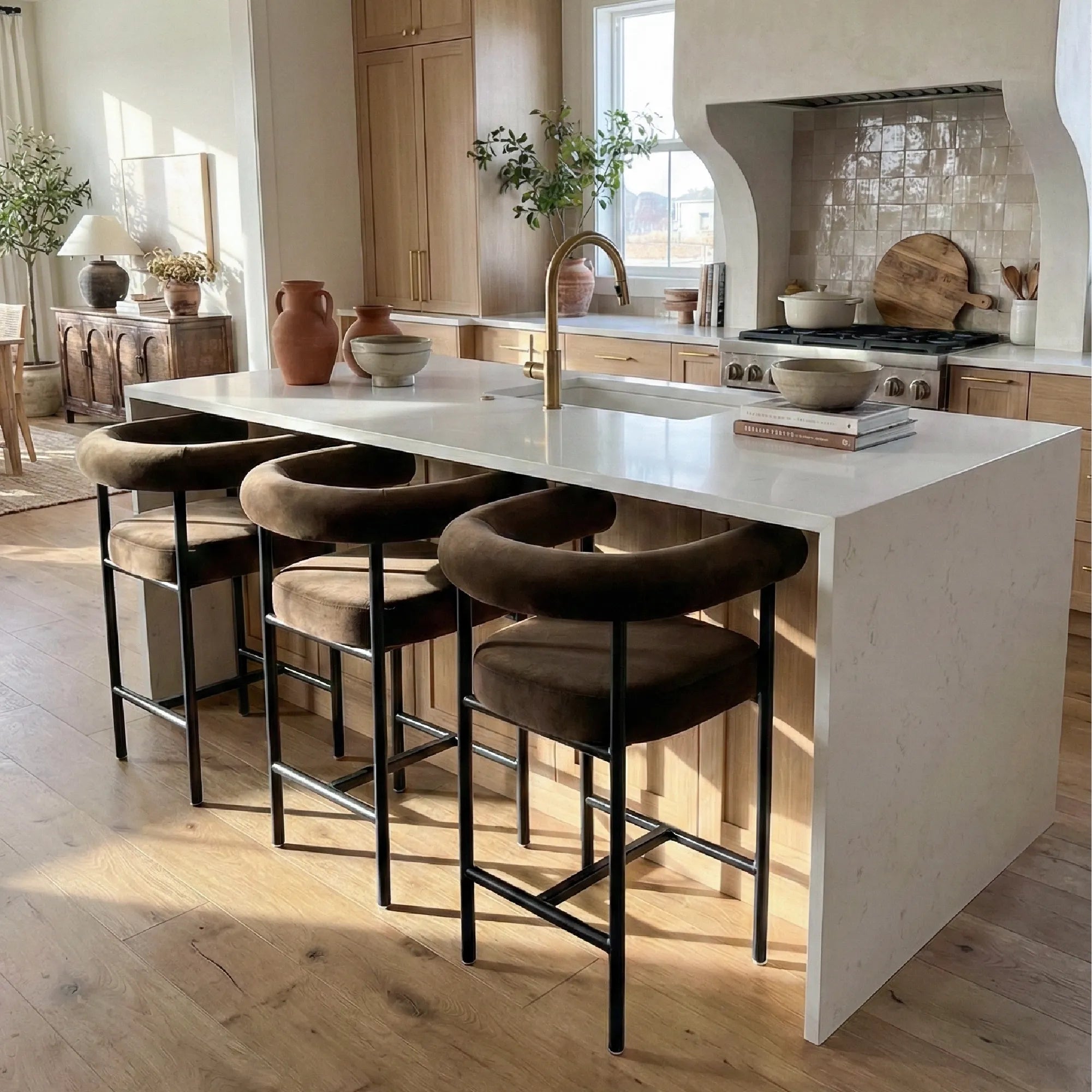 New York 24" Velvet Counter Stool with Arms (Set of 3)