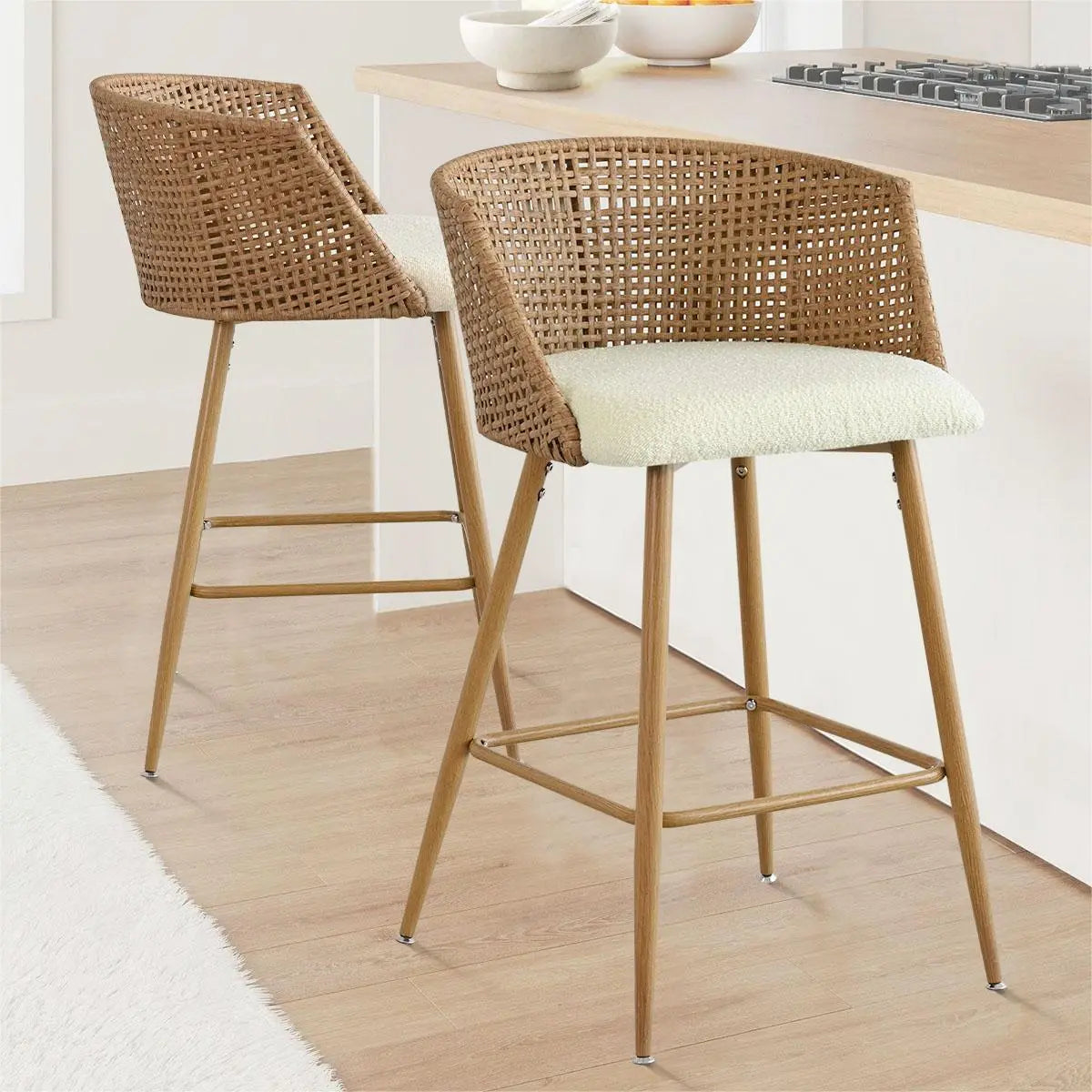 Nice 27" Beige Rattan Curved-Back Stools in kitchen with wood flooring, light walls, countertop.
