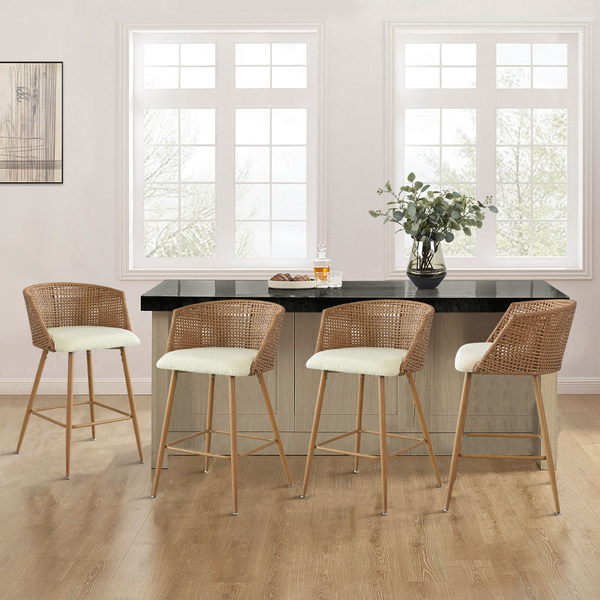 Nice Beige Rattan Upholstered Counter Stool (Set of 4)