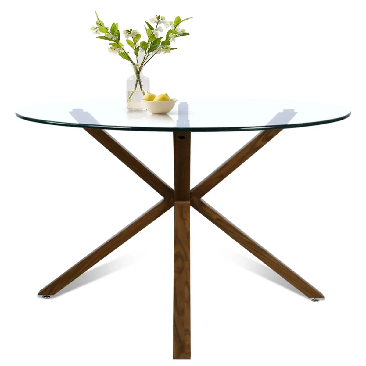 Oliver Modern Round Glass Dining Table with wooden legs, ideal for contemporary dining room setting.