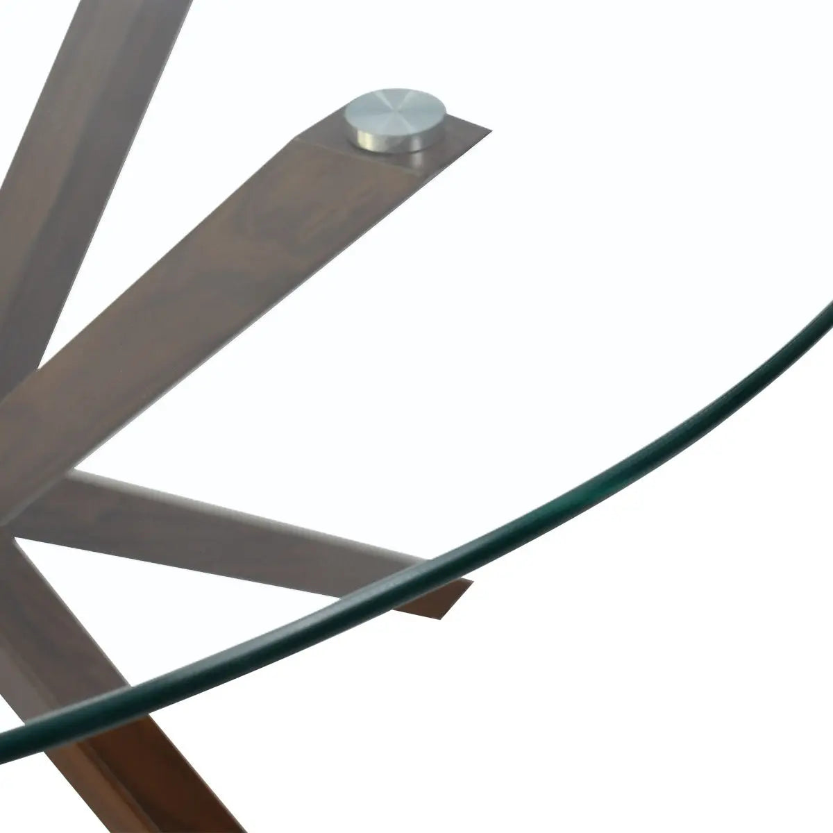 Oliver Modern Round Glass Dining Table, close-up of clear glass top with wood base detail.