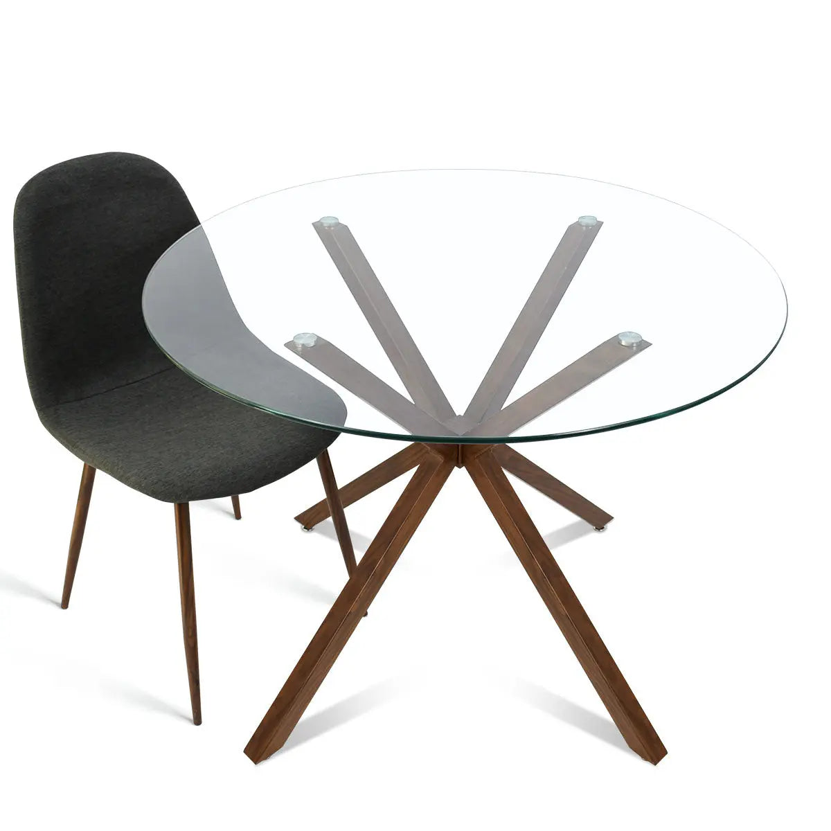 Oliver Modern Round Glass Dining Table with dark gray chair, wood legs, white background.