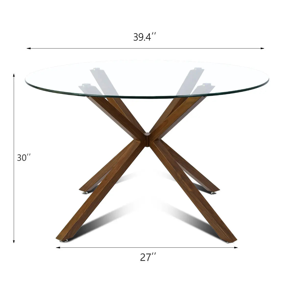 Oliver Modern Round Glass Dining Table with wooden base, dimensions: 39.4" x 30" x 27".