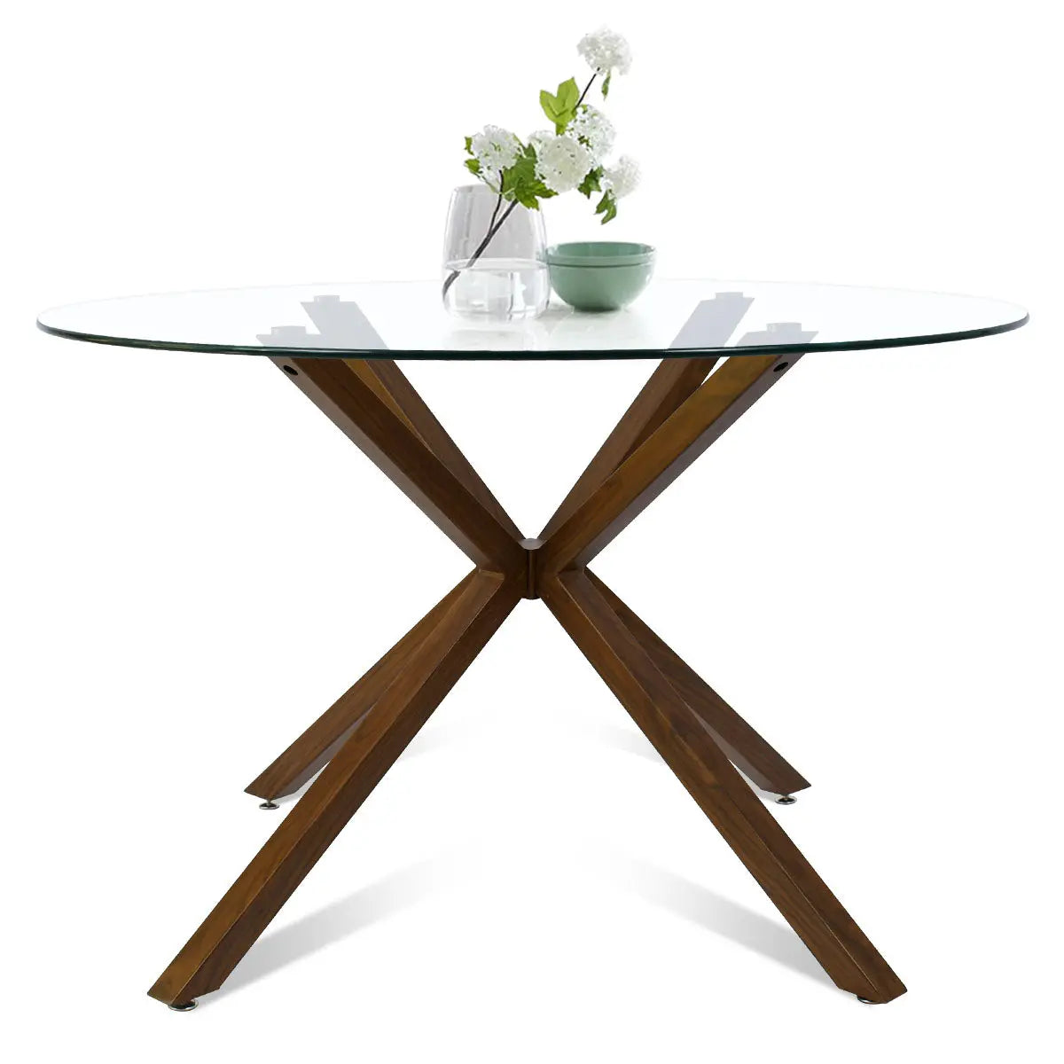 Oliver Modern Round Glass Dining Table with wooden legs in contemporary style setting.