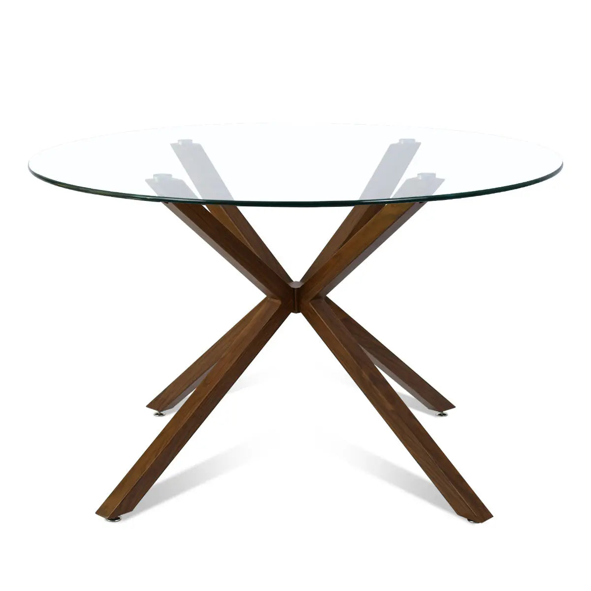 Oliver Modern Round Glass Dining Table with wood base, ideal for contemporary dining rooms.