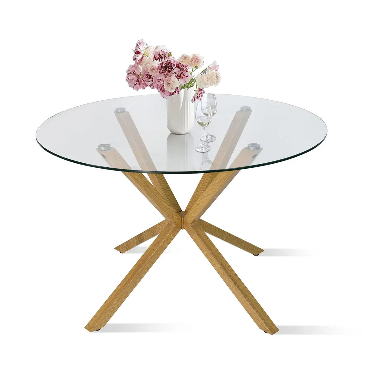 Oliver Modern Round Glass Dining Table, wooden base, glass top.