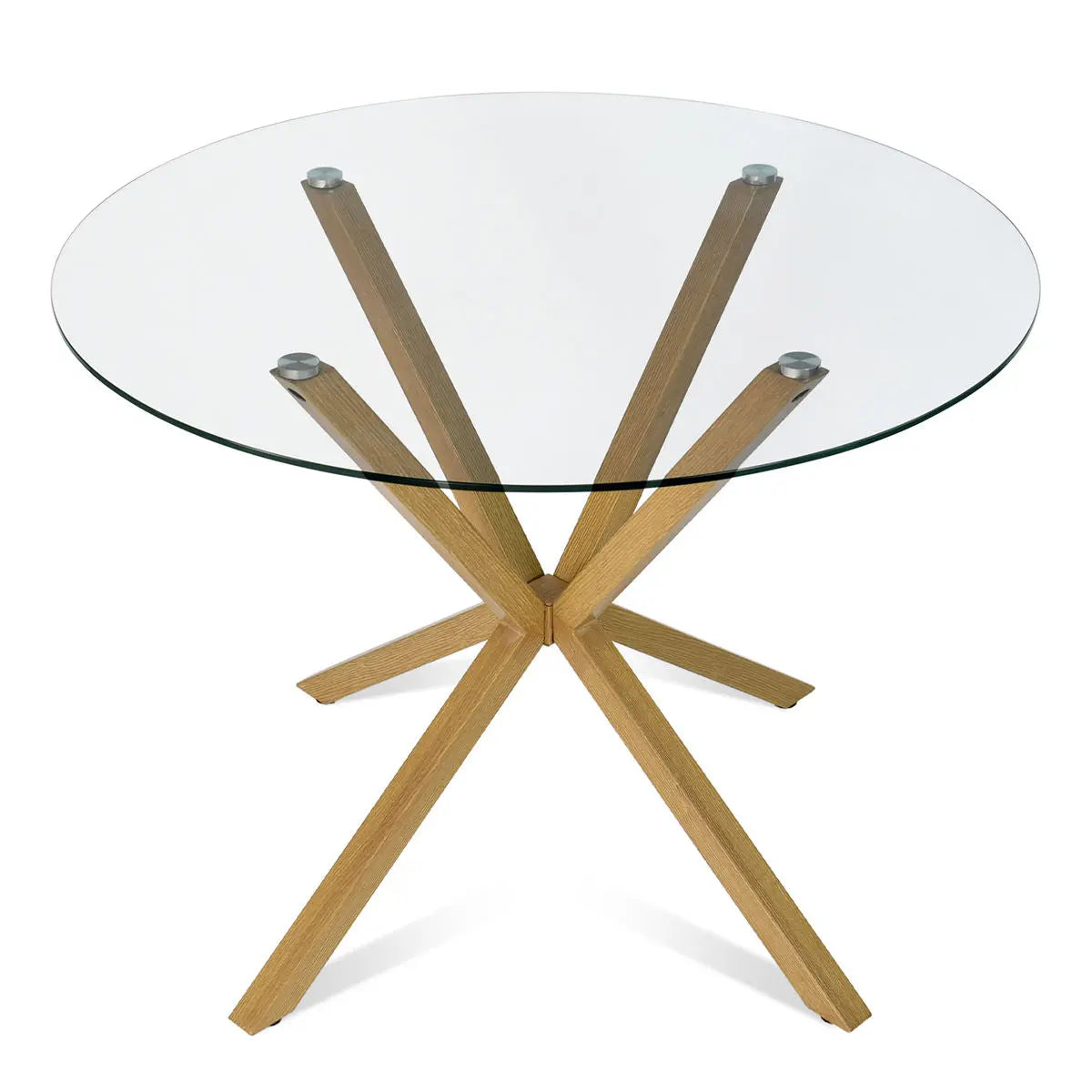 Oliver Modern Round Glass Dining Table with wooden legs; contemporary design with glass top.