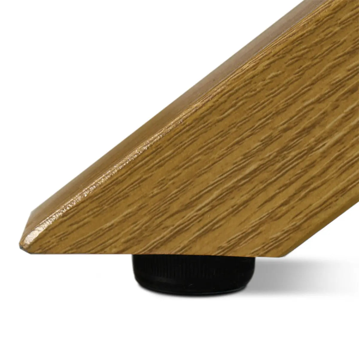 Close-up of wooden leg for Oliver Modern Round Glass Dining Table. Light wood grain texture.