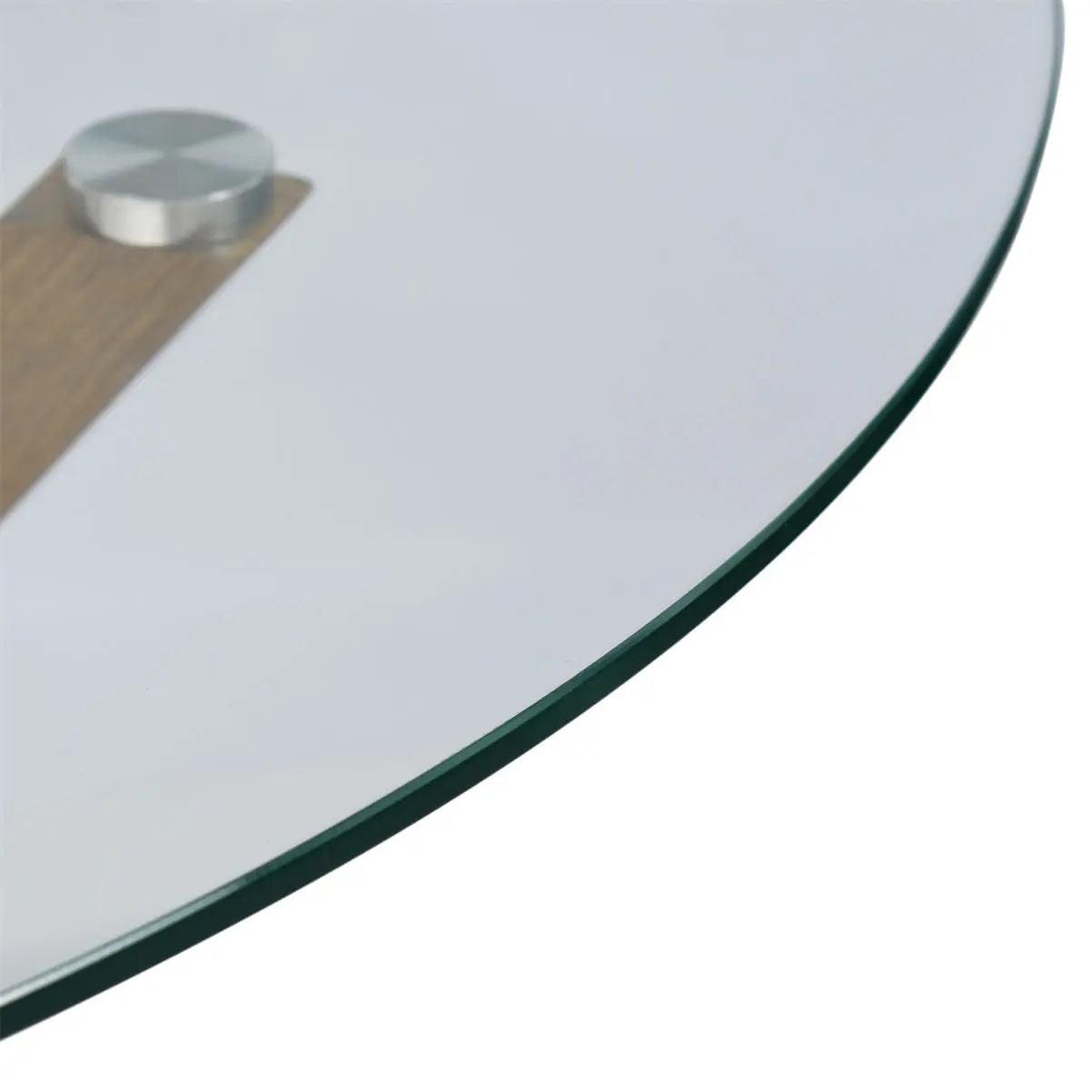 Close-up of Oliver Modern Round Glass Dining Table's edge, showcasing sleek design and craftsmanship.