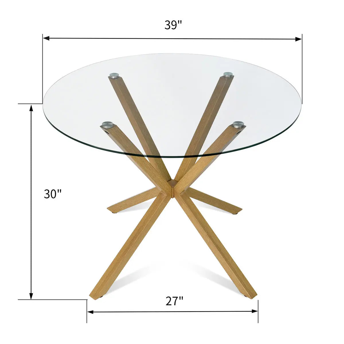 Oliver Modern Round Glass Dining Table, wood base, dimensions: 39"x30"x27", sleek and contemporary design.