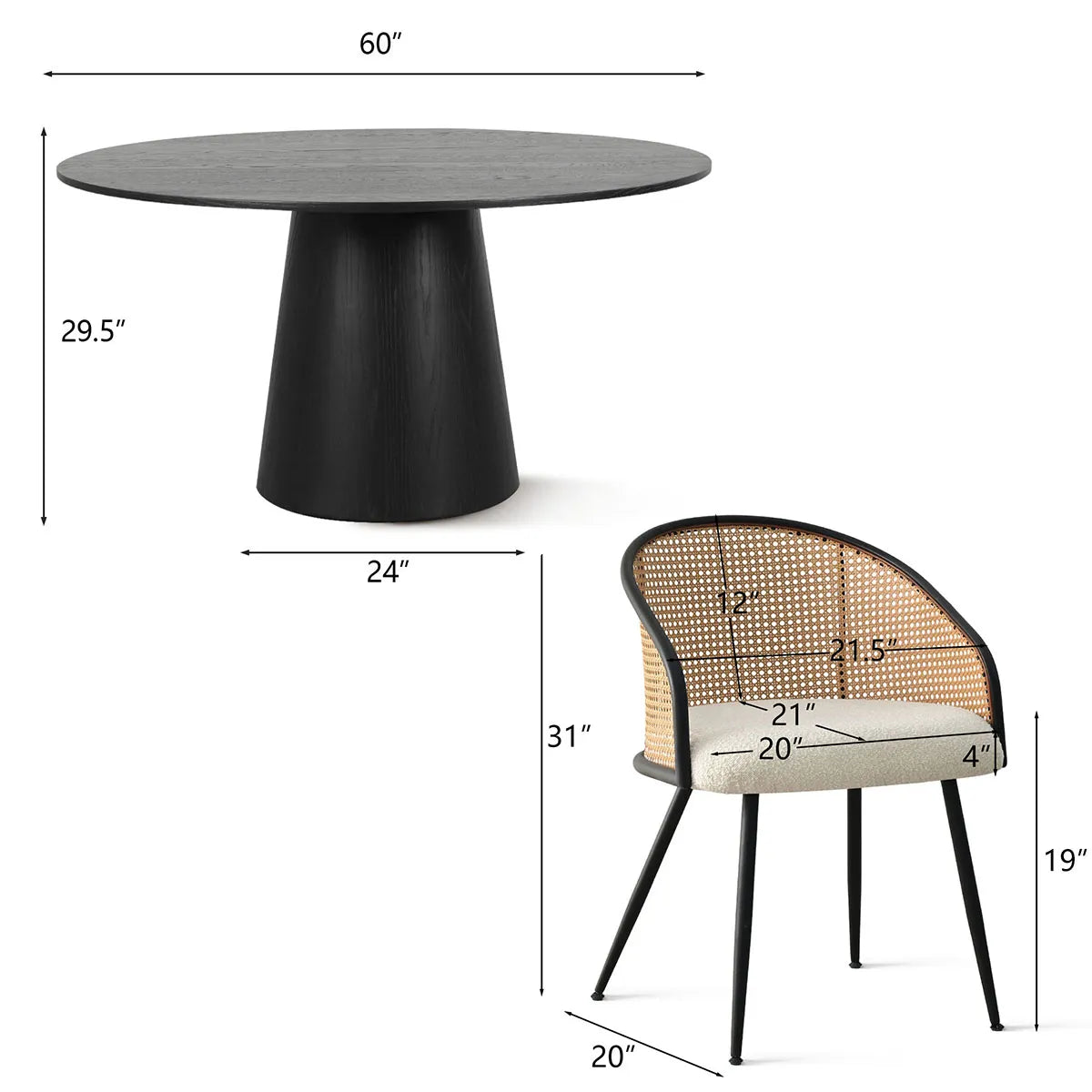 Orchid & Jules 60" Solid Oak Round Dining Table Set for 6 (7-Piece)