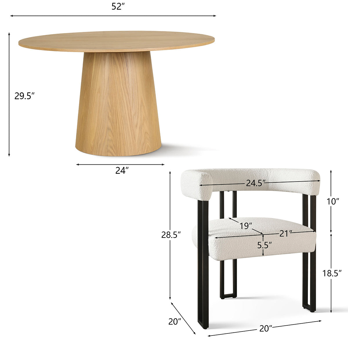 Orchid & Mia 52" Solid Oak Round Dining Table Set for 6 (7-Piece)