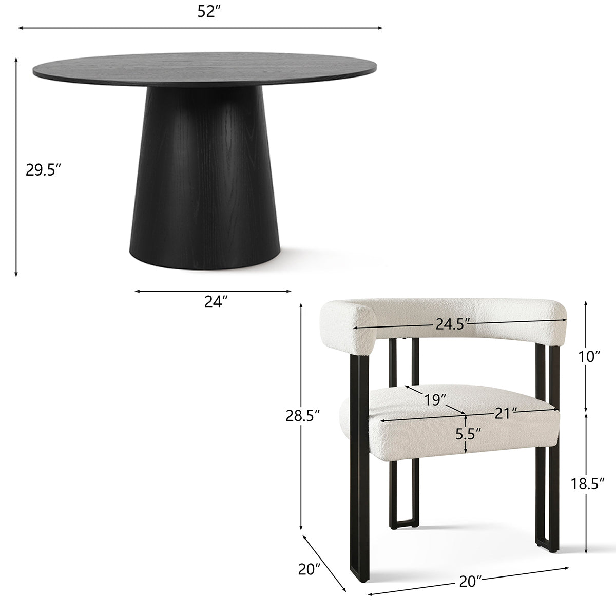 Orchid & Mia 52" Solid Oak Round Dining Table Set for 6 (7-Piece)