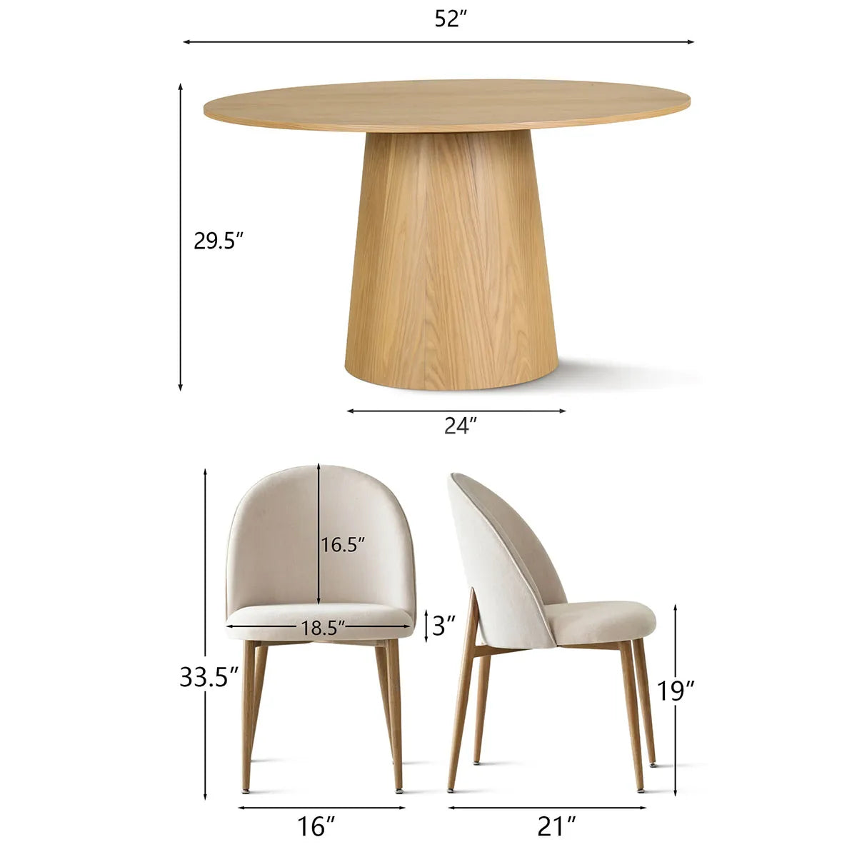 Orchid & Goteborg 52" Round Solid Oak Dining Table Set for 4 (5-Piece)