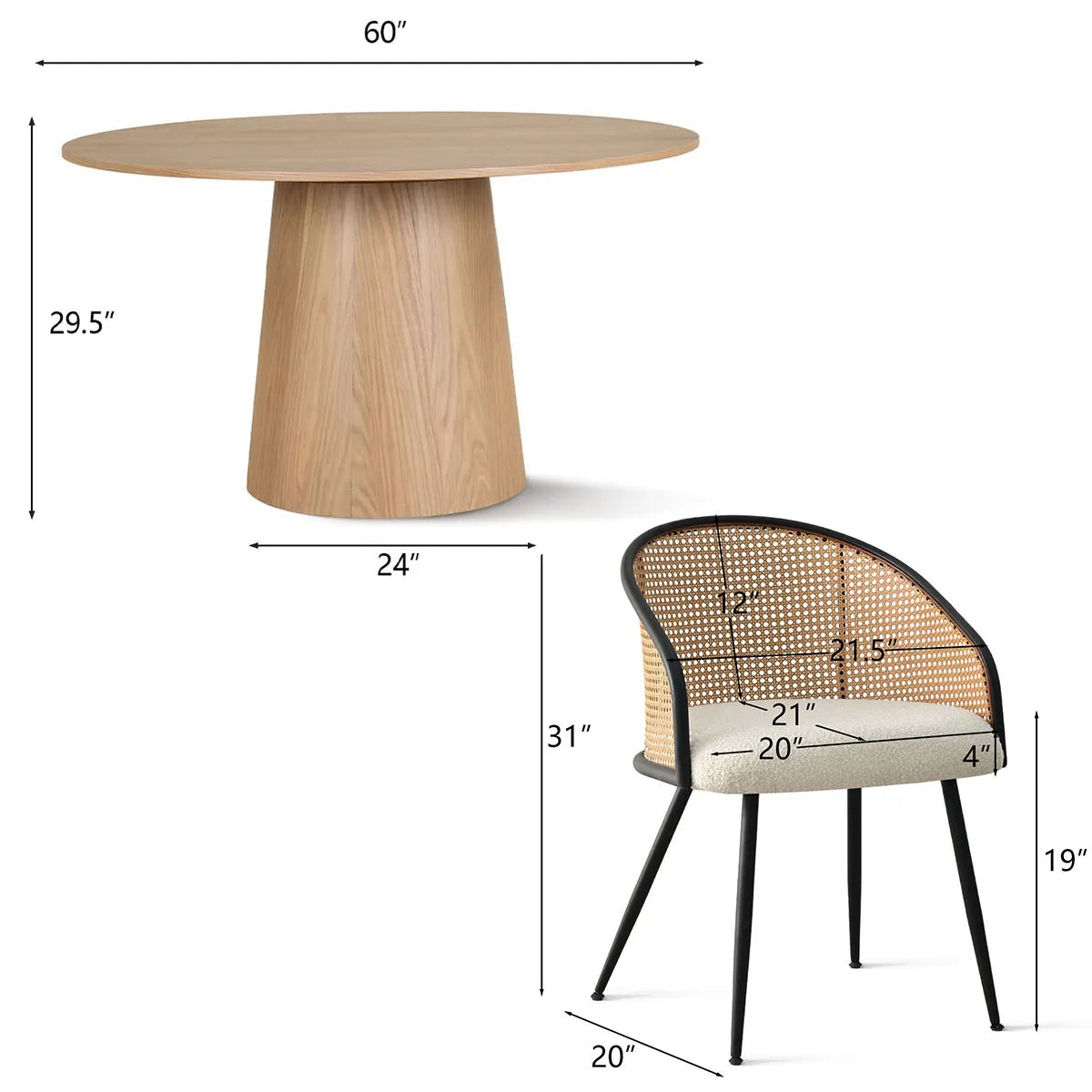 Orchid & Jules 60" Solid Oak Round Dining Table Set for 6 (7-Piece)