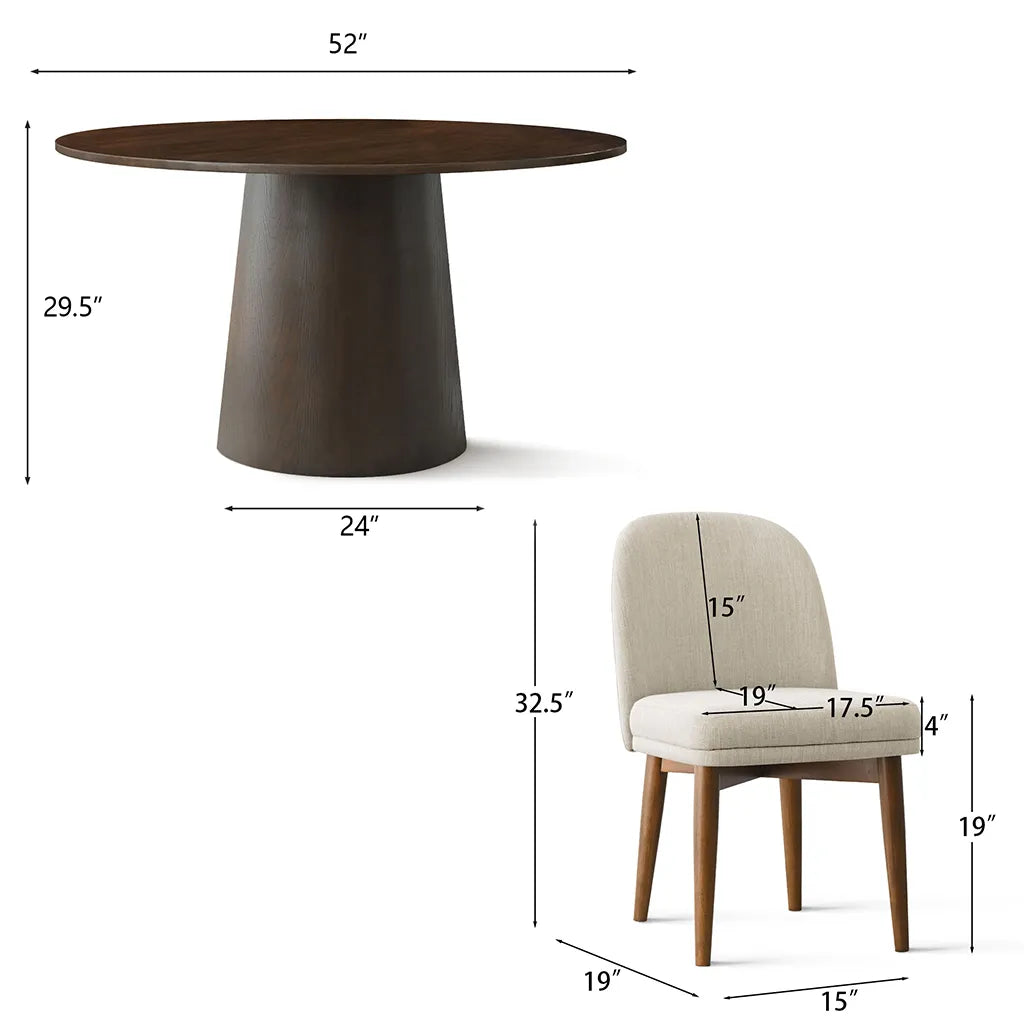 Orchid & Athena 52" Round Solid Oak Dining Table Set for 4 (5-Piece)