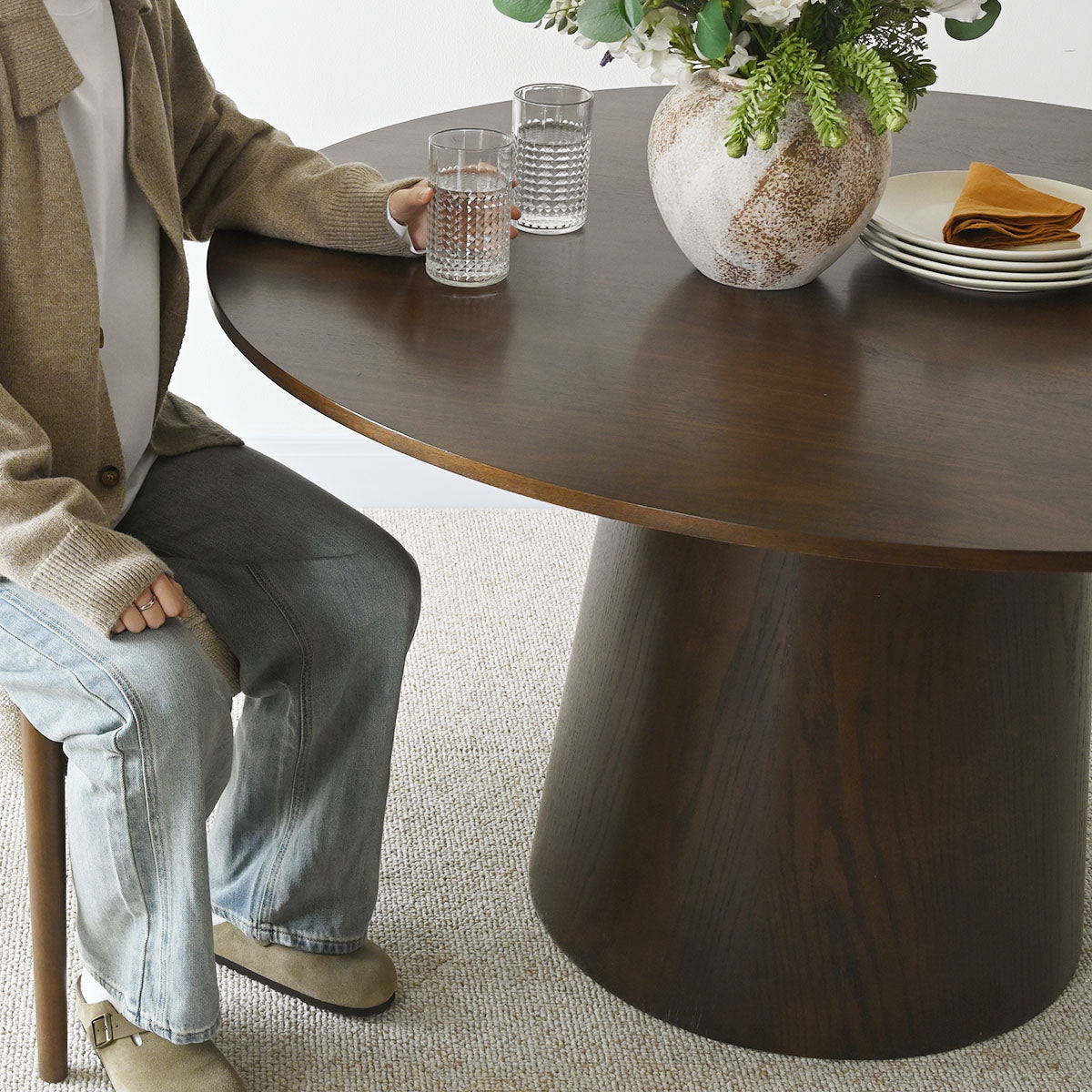 Orchid 52" Solid Oak Wood Round Pedestal Dining Table