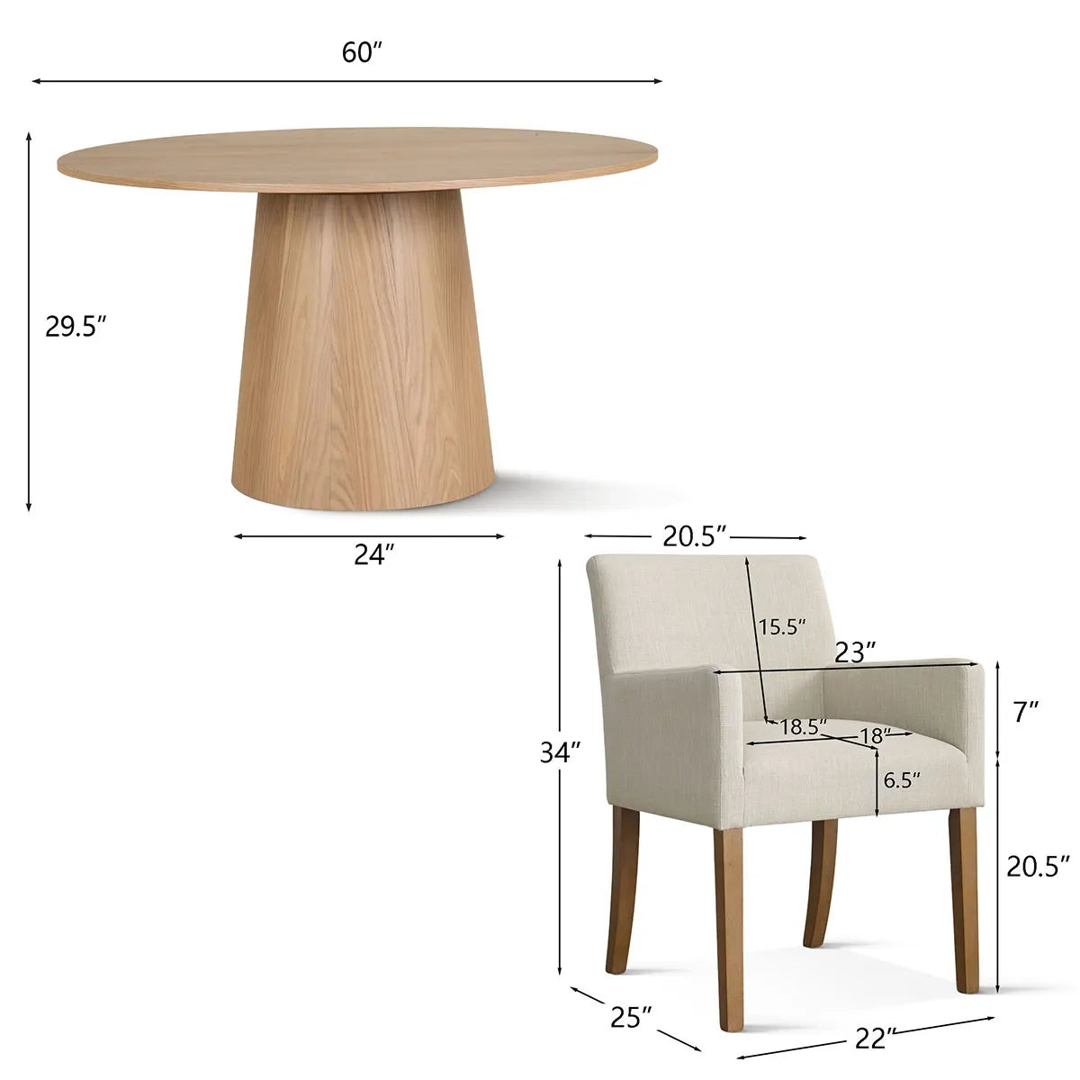 Orchid & North 60" Solid Oak Round Dining Table Set for 6 (7-Piece)