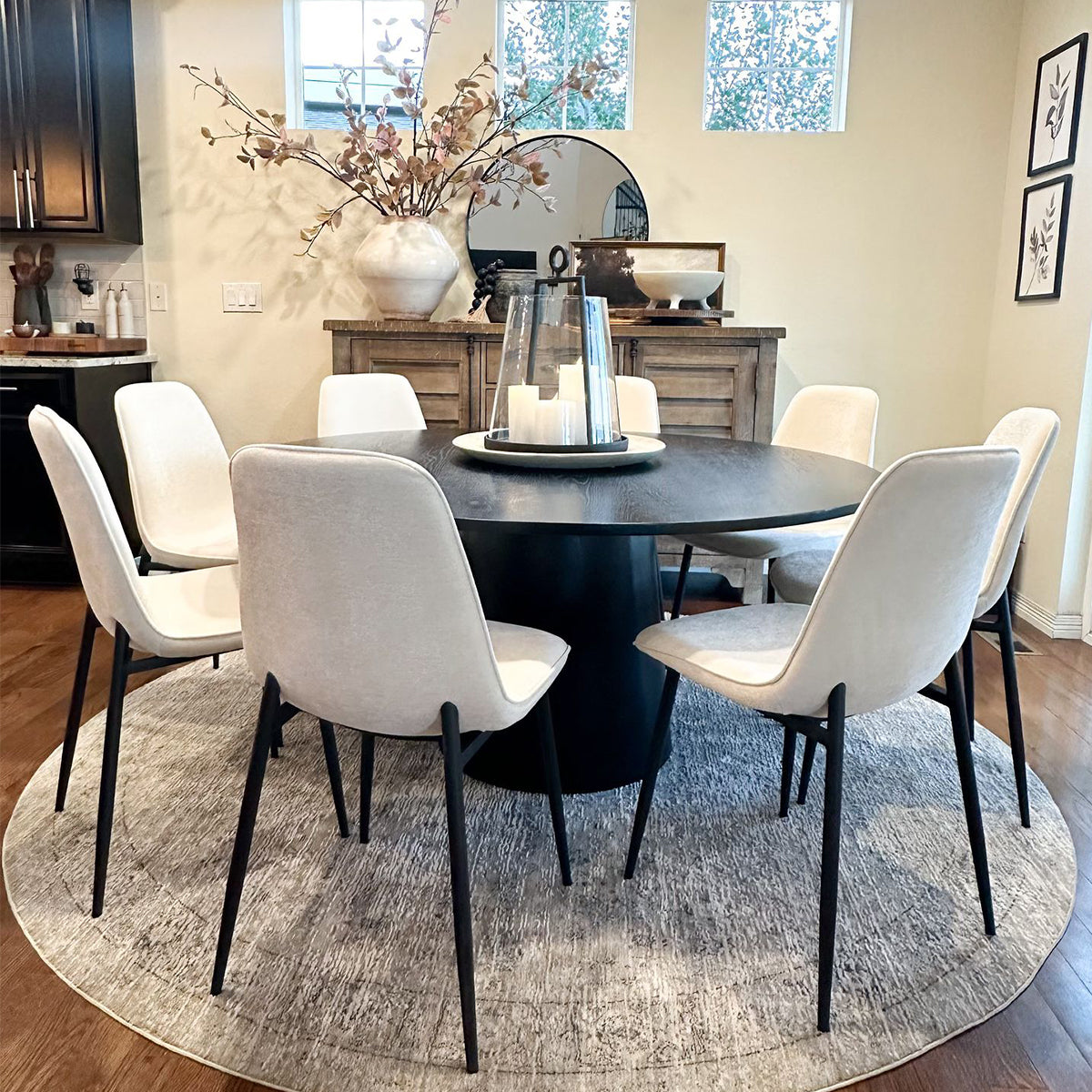 Orchid & Oslo 60" Solid Oak Round Chenille Dining Table Set for 8 (9-Piece)