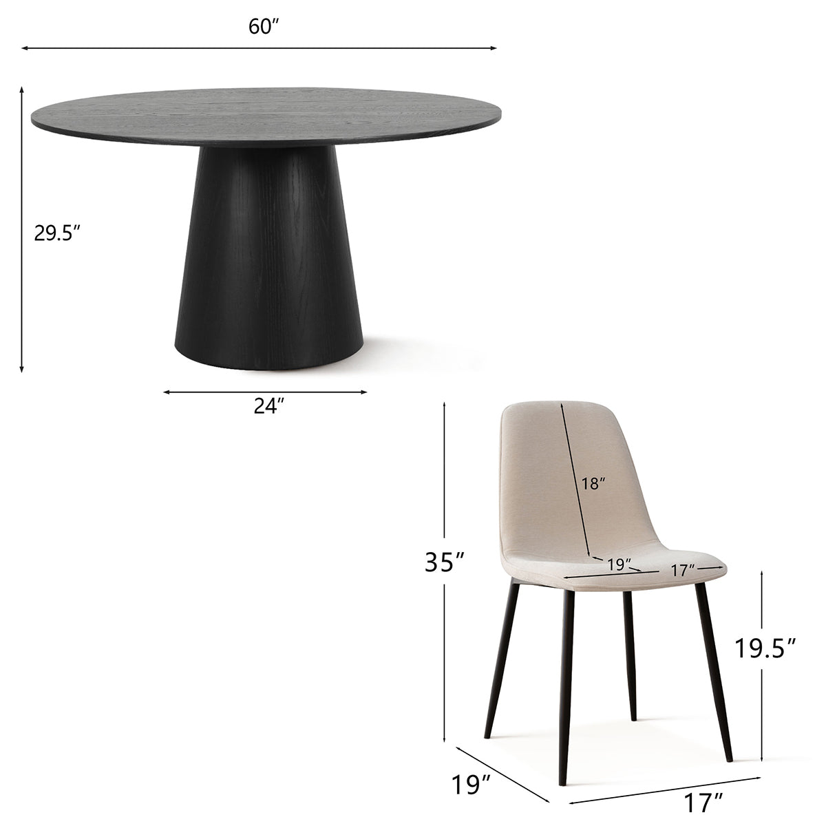 Orchid & Oslo 60" Solid Oak Round Chenille Dining Table Set for 8 (9-Piece)