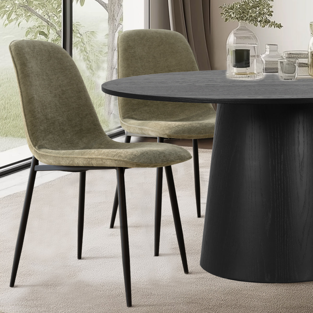 Orchid & Oslo 60" Solid Oak Round Chenille Dining Table Set for 8 (9-Piece)