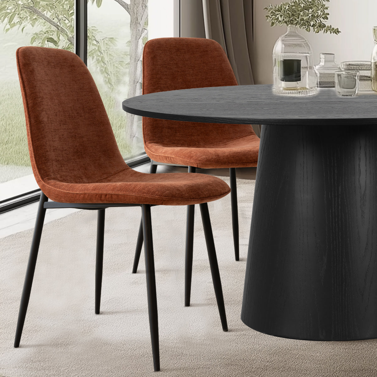 Orchid & Oslo 60" Solid Oak Round Chenille Dining Table Set for 8 (9-Piece)