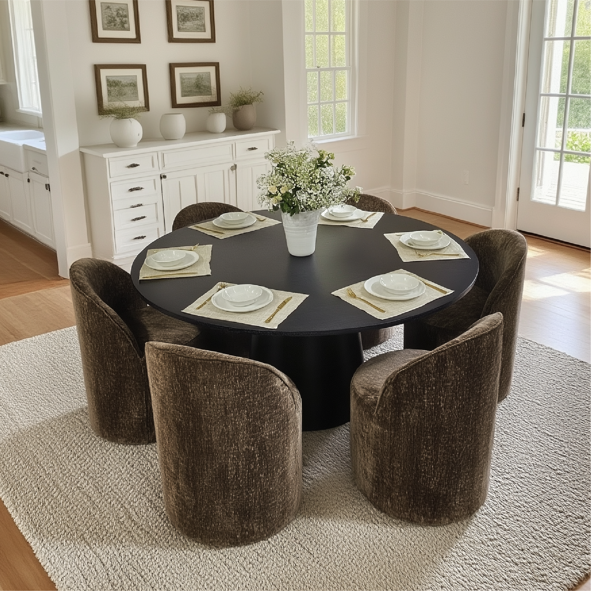 Orchid & Doris 60" Round Black Dining Table Set for 6 (7-Piece)