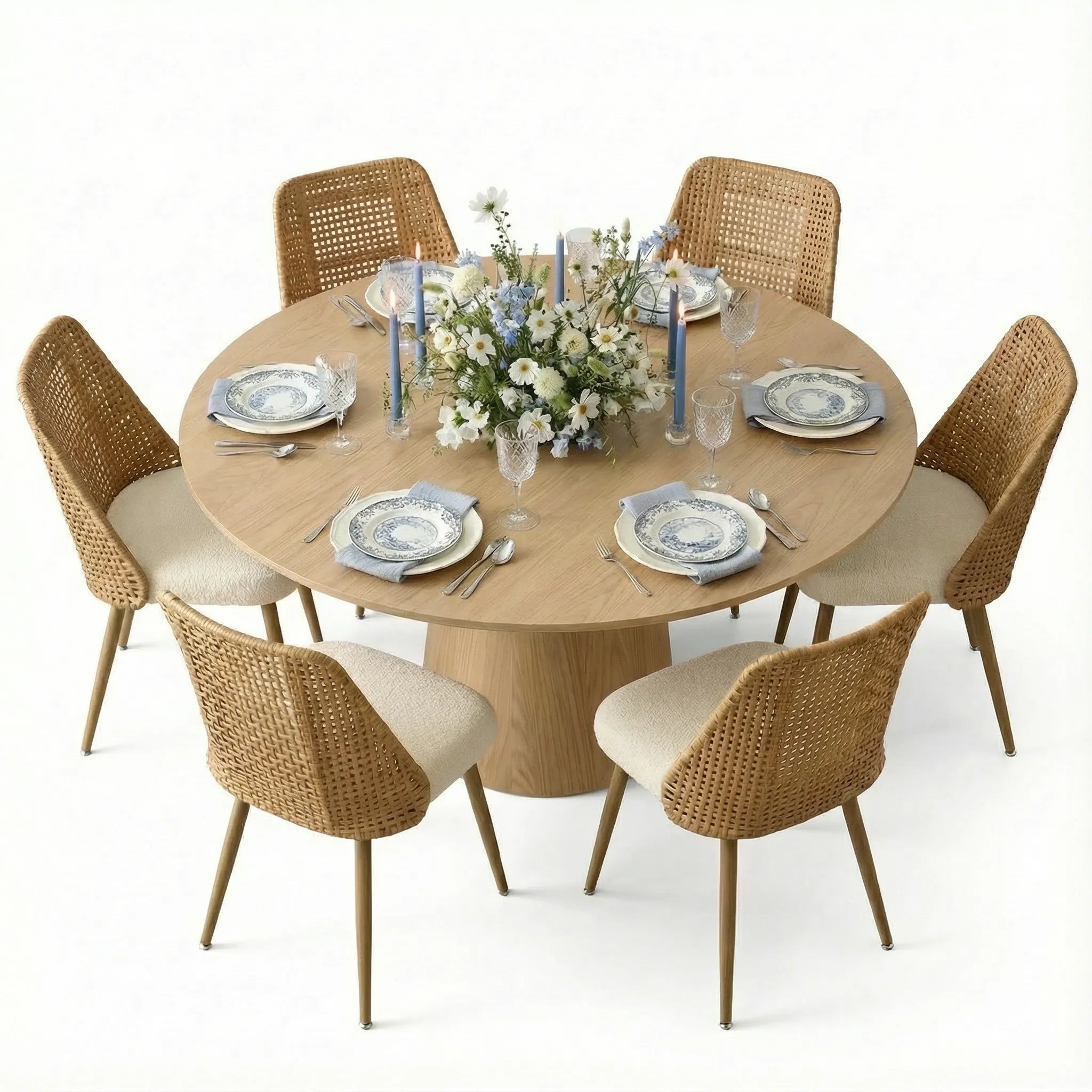 Orchid & Nice 60" Solid Oak Round Dining Table Set for 6 (7-Piece)