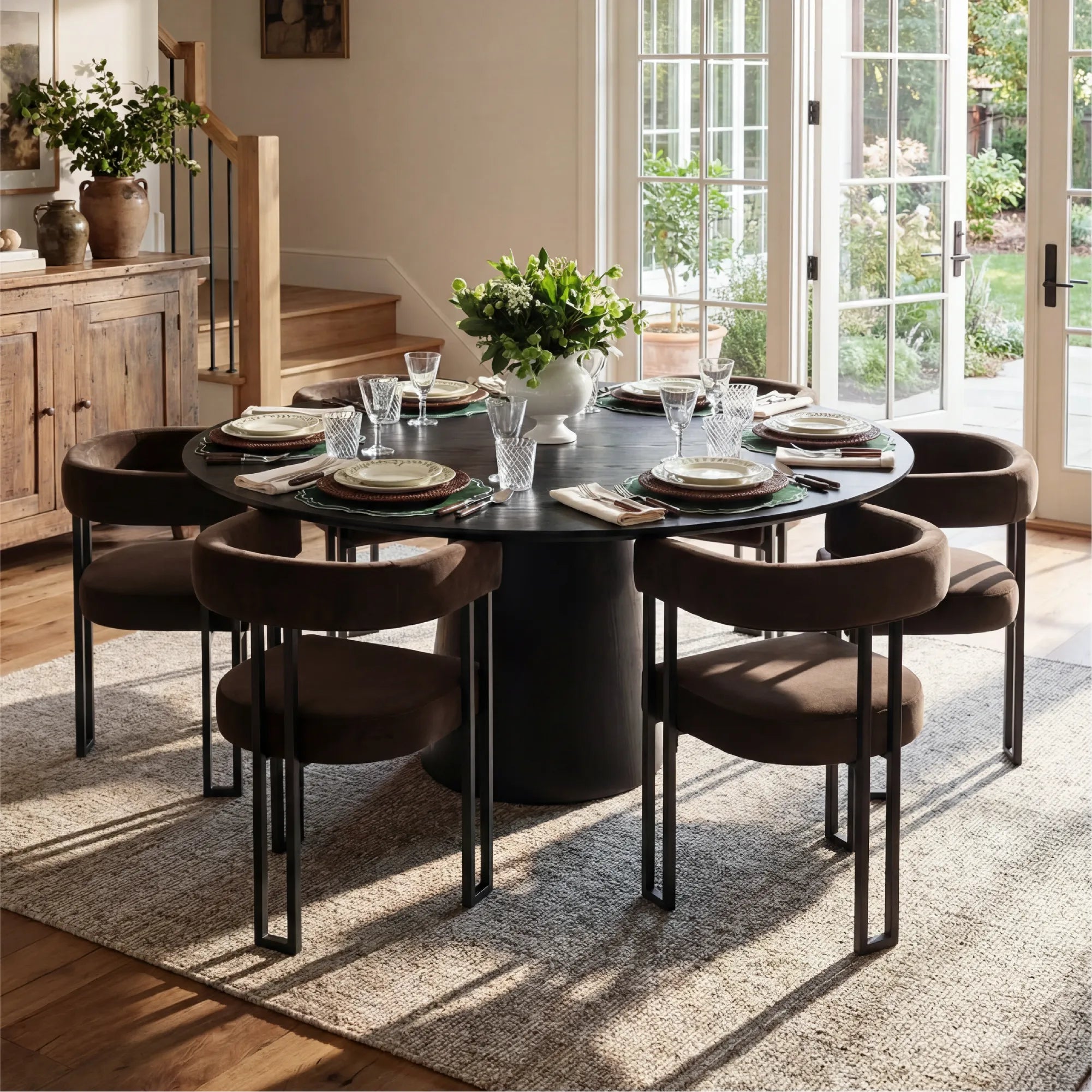Orchid & Mia 60" Round Velvet Dining Table Set for 6 (7-Piece)