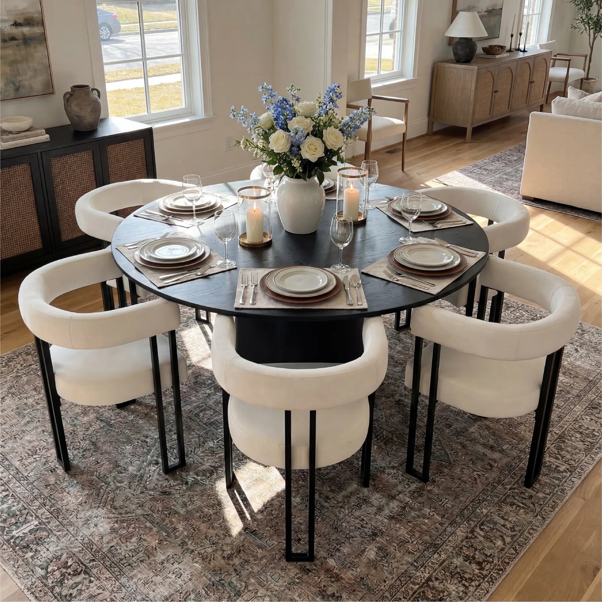 Orchid & Mia 60" Round Velvet Dining Table Set for 6 (7-Piece)