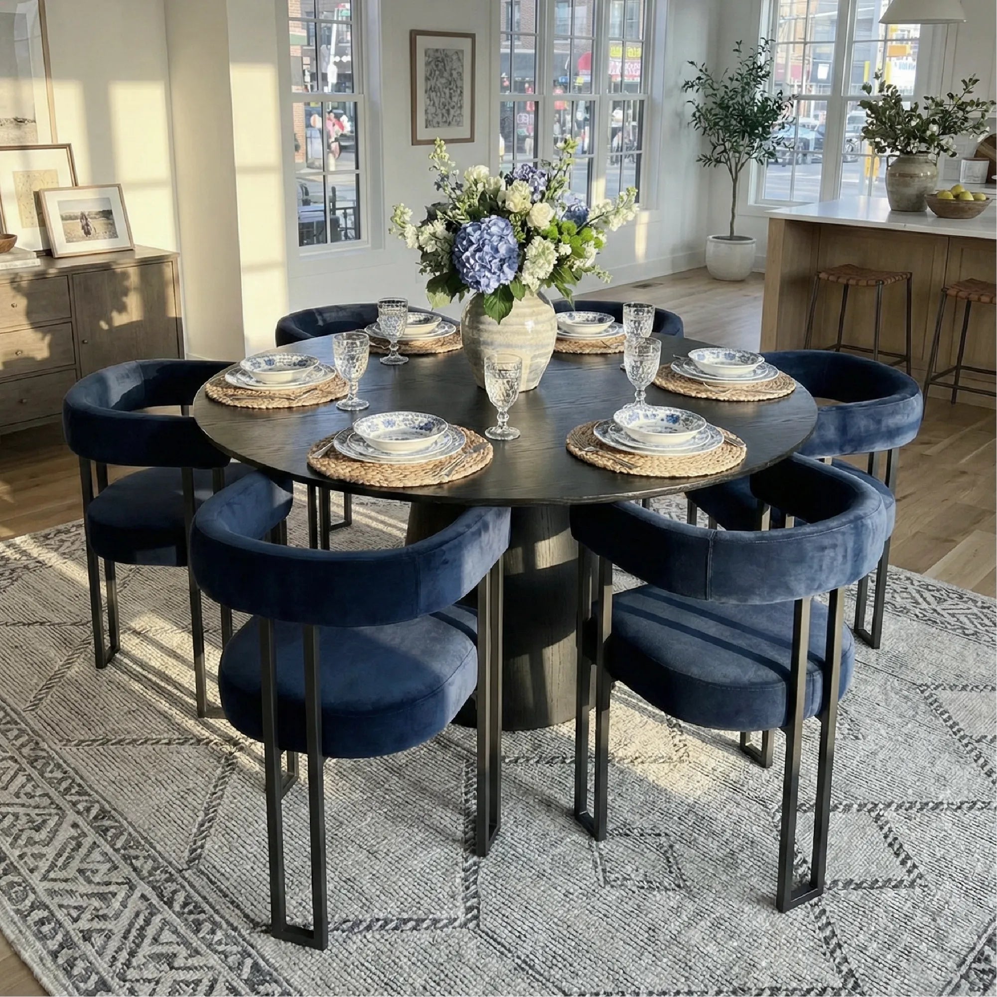 Orchid & Mia 60" Round Velvet Dining Table Set for 6 (7-Piece)