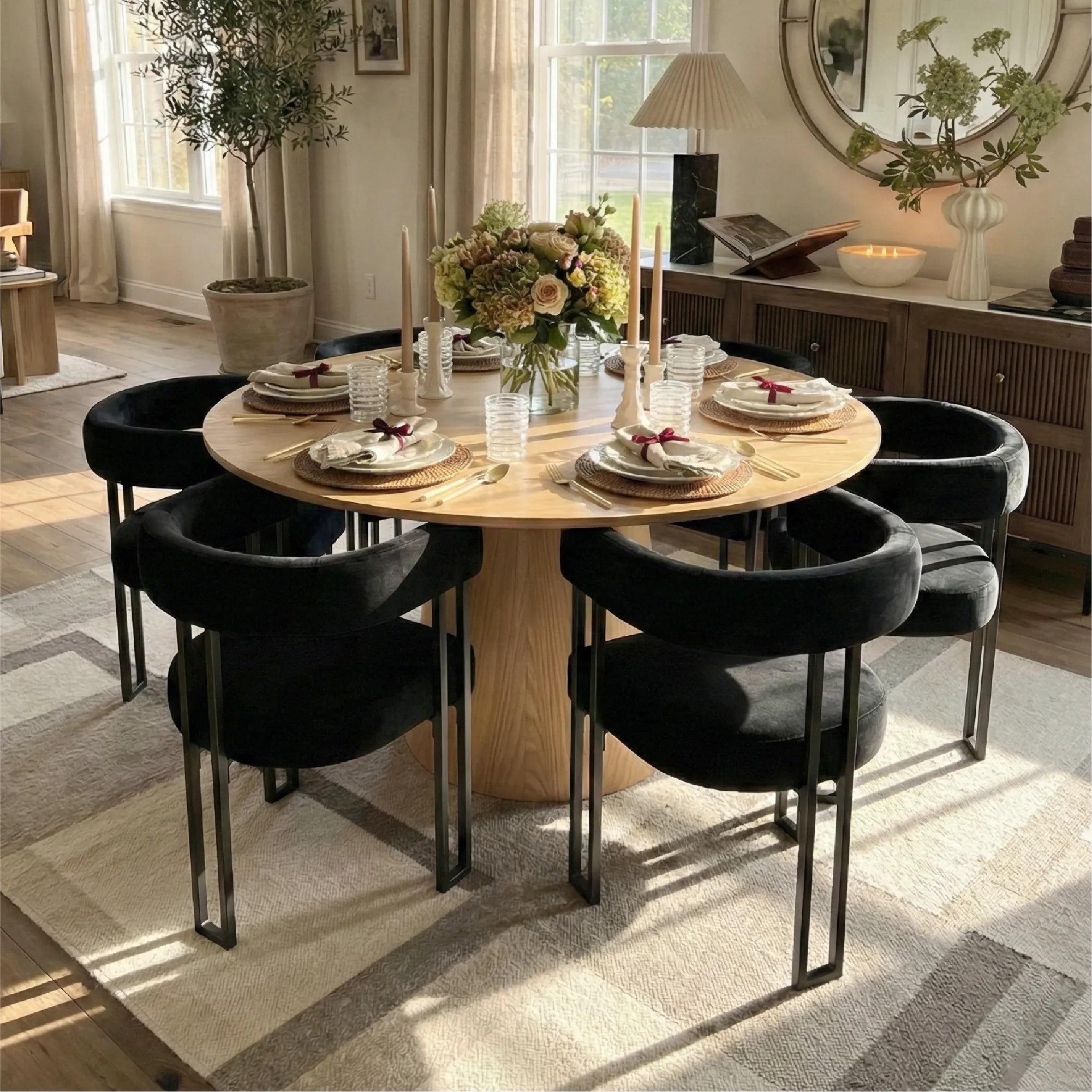 Orchid & Mia 60" Round Velvet Dining Table Set for 6 (7-Piece)