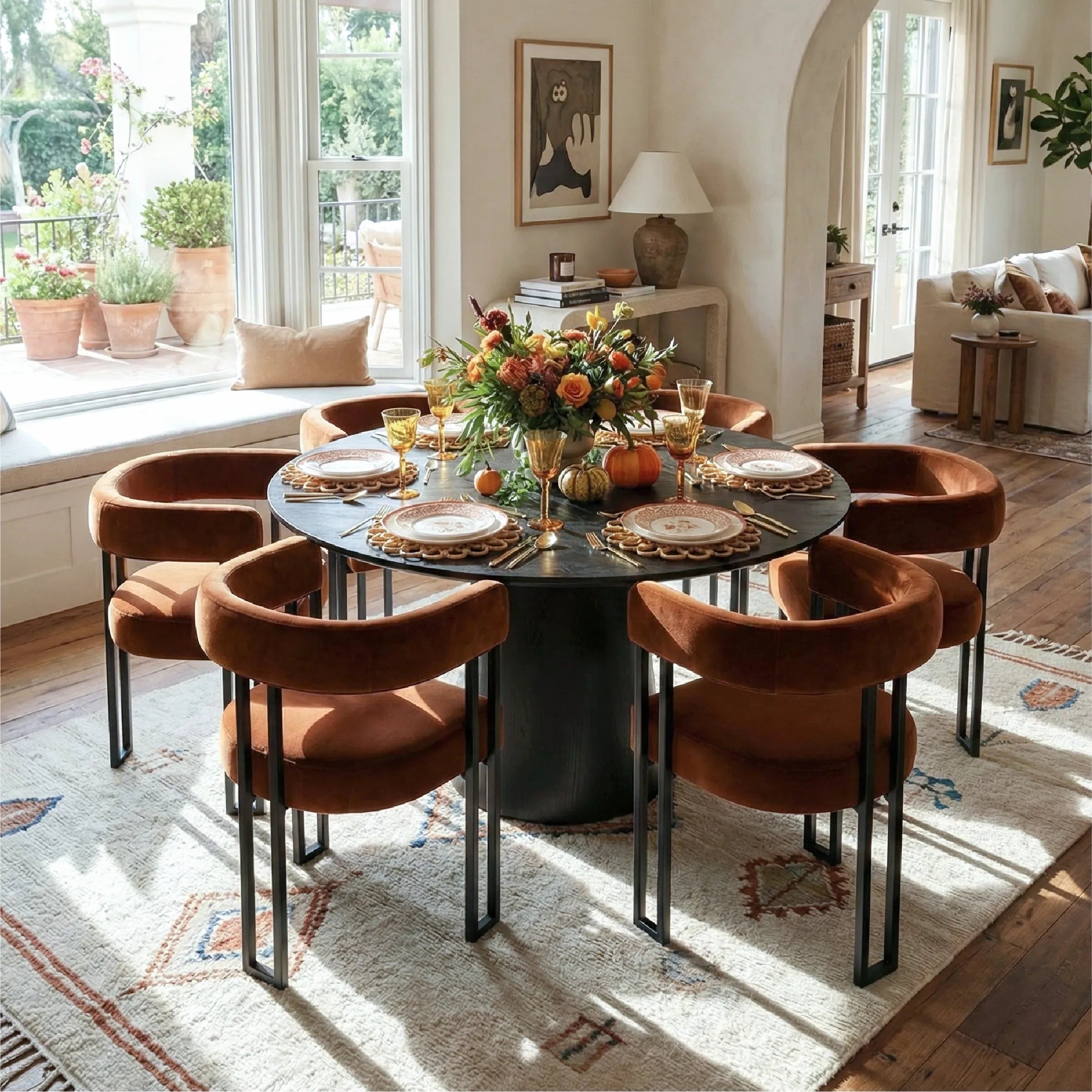 Orchid & Mia 60" Round Velvet Dining Table Set for 6 (7-Piece)