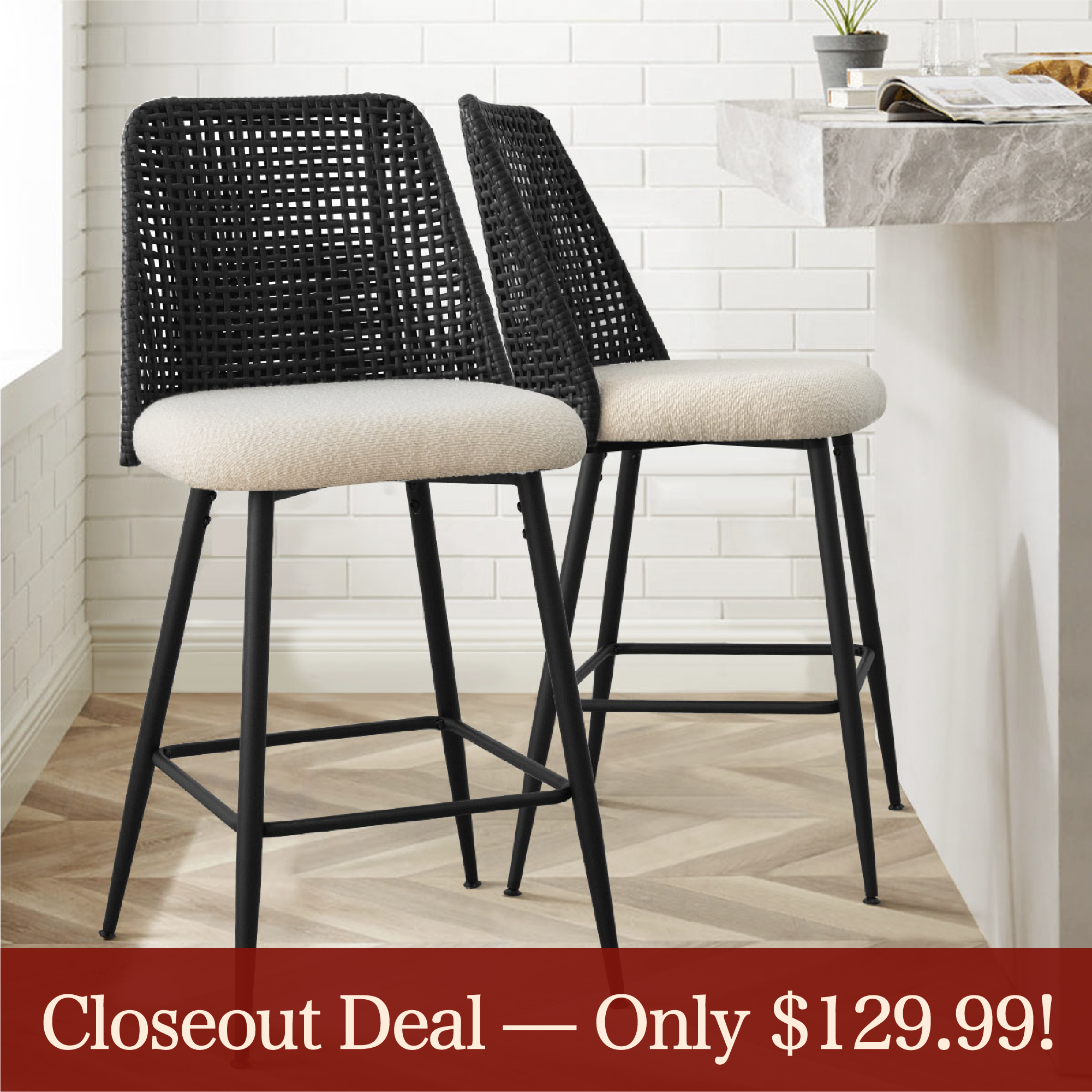[Closeout-Only 129.99$]Nice 27" Black Rattan Upholstered Counter Stool (Set of 2)