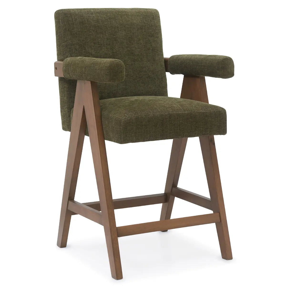 Morgan Mid Century Modern Upholstered Counter Stool with Arms, green fabric, wooden legs, modern design.